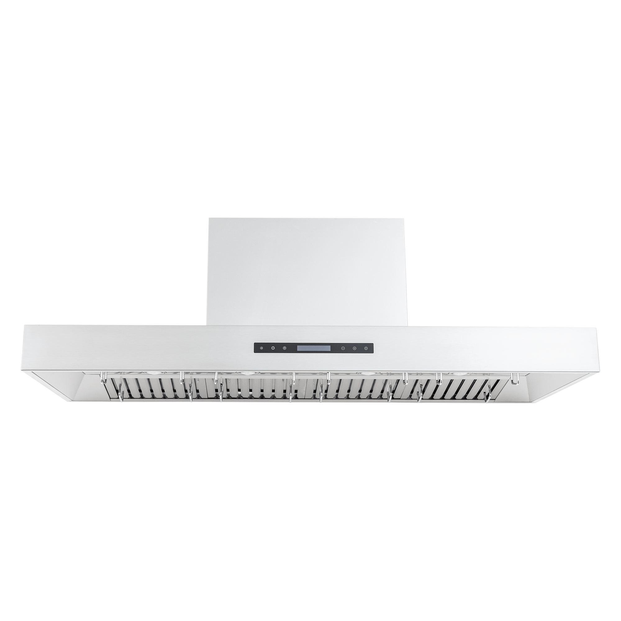 ProlineRangeHoods.com PLFW 755 wall-mounted stainless hood, 1100 CFM, outdoor finish, dual motors, shown from below.