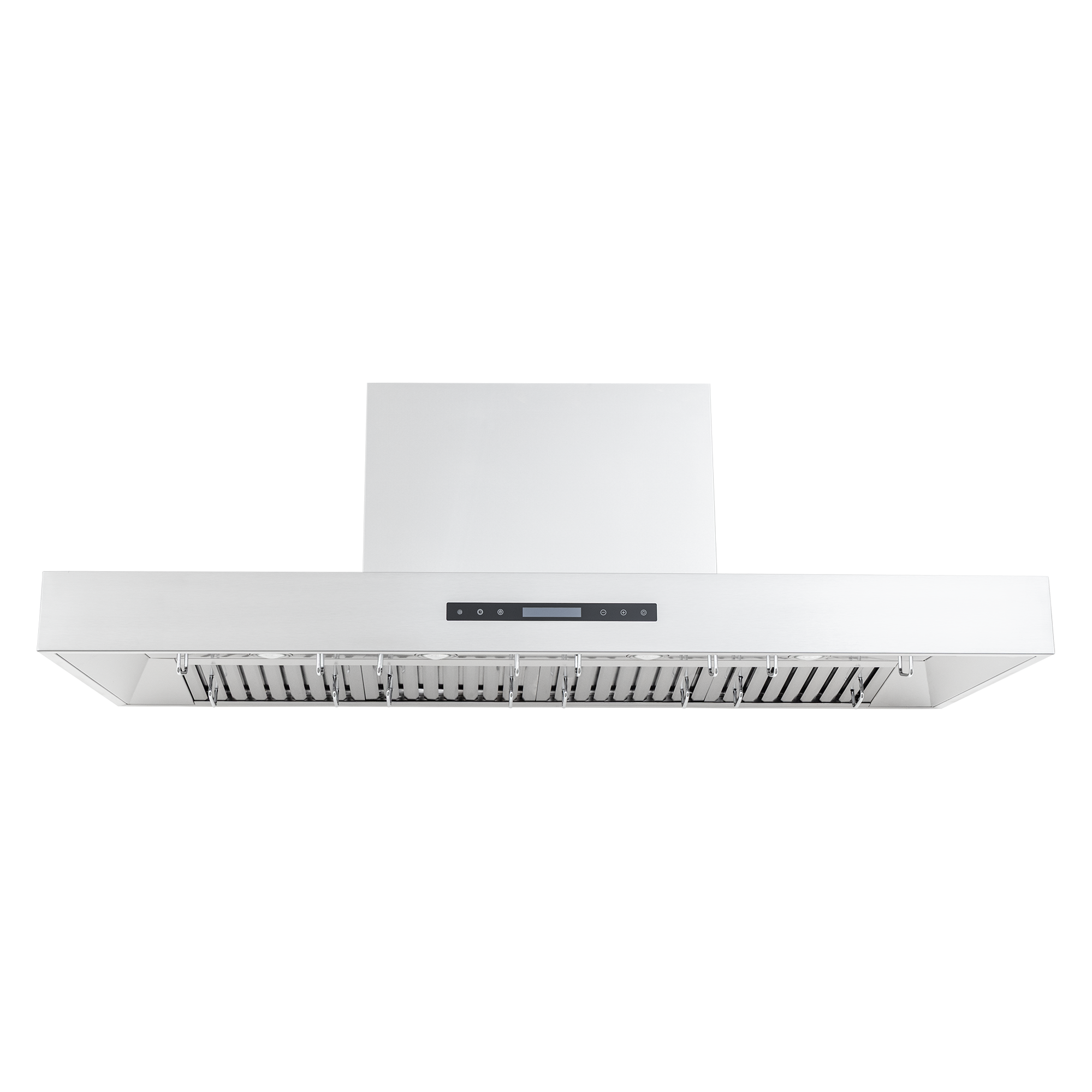 ProlineRangeHoods.com PLFW 755 wall-mounted stainless hood, 1100 CFM, outdoor finish, dual motors, shown from below.