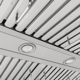 Close-up of Proline PLFW 755 range hood: stainless steel, slatted vents, dual motors, 1100 CFM. ProlineRangeHoods.com.