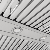 Close-up of Proline PLFW 755 range hood: stainless steel, slatted vents, dual motors, 1100 CFM. ProlineRangeHoods.com.