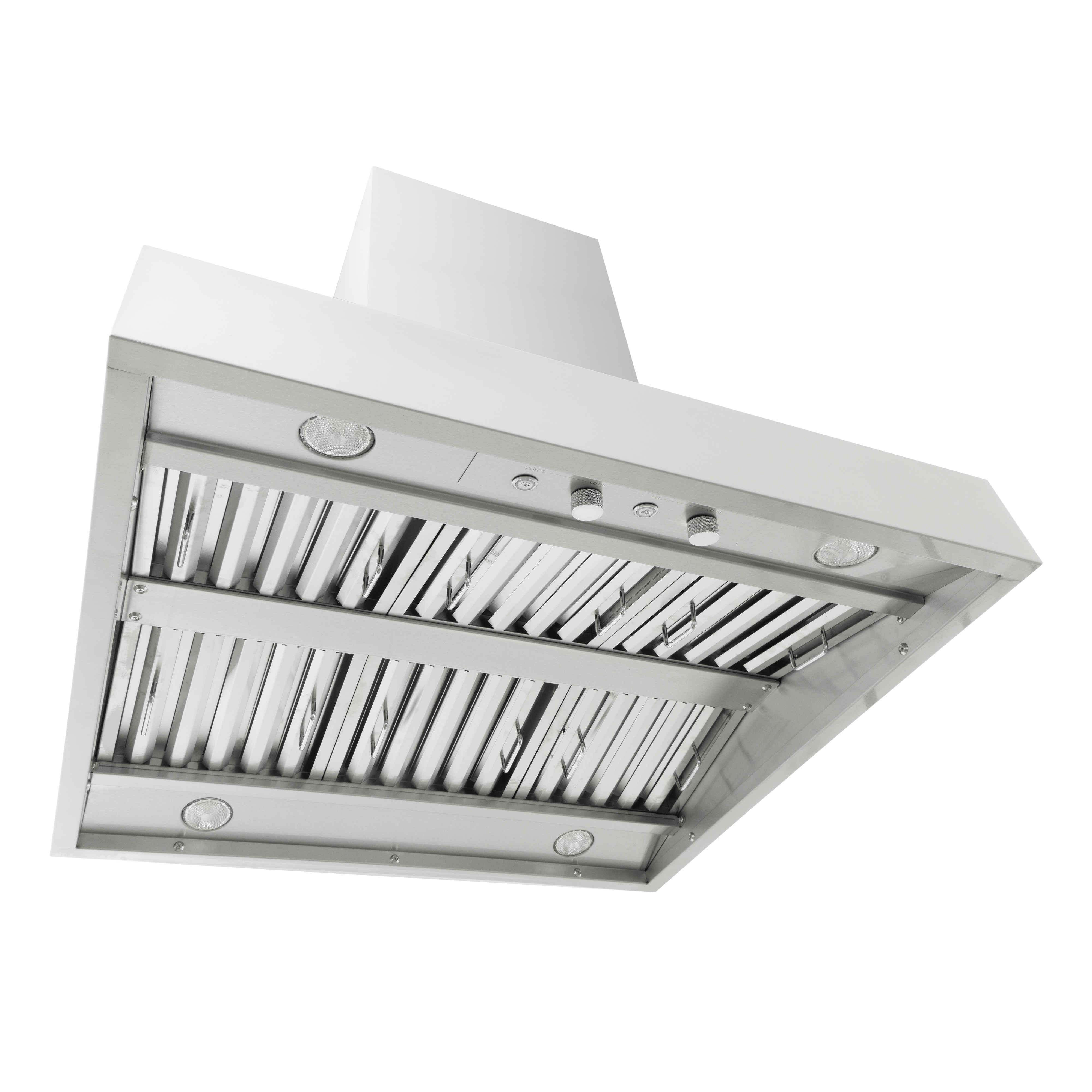 Proline PLGI 104 HE island hood, stainless steel, two filters, lights, controls, 1200 CFM blower. ProlineRangeHoods.com.
