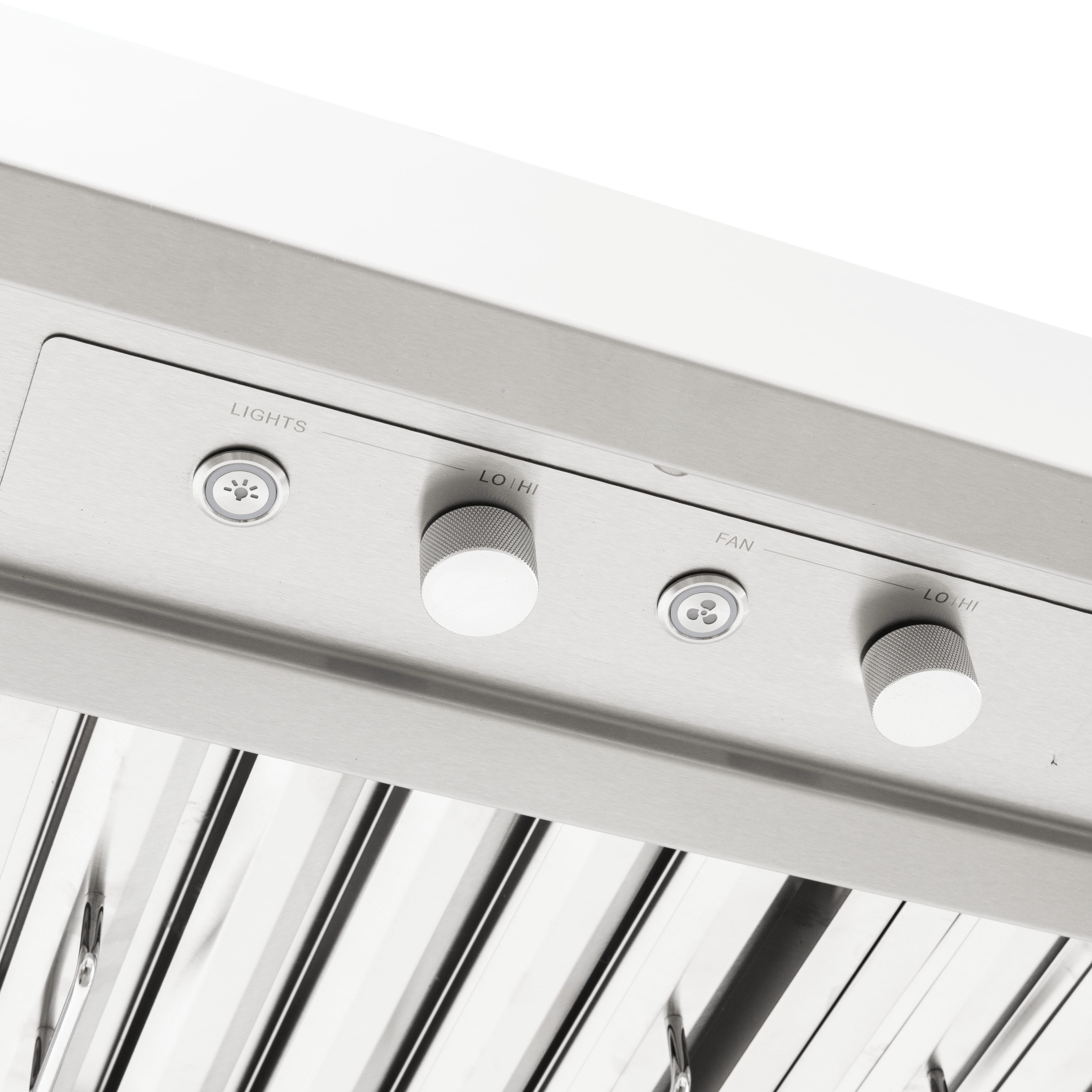Close-up of PLGI 104 HE Island Range Hood control panel, 304 stainless steel, on ProlineRangeHoods.com.