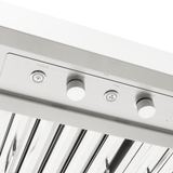 Close-up of PLGI 104 HE Island Range Hood control panel, 304 stainless steel, on ProlineRangeHoods.com.