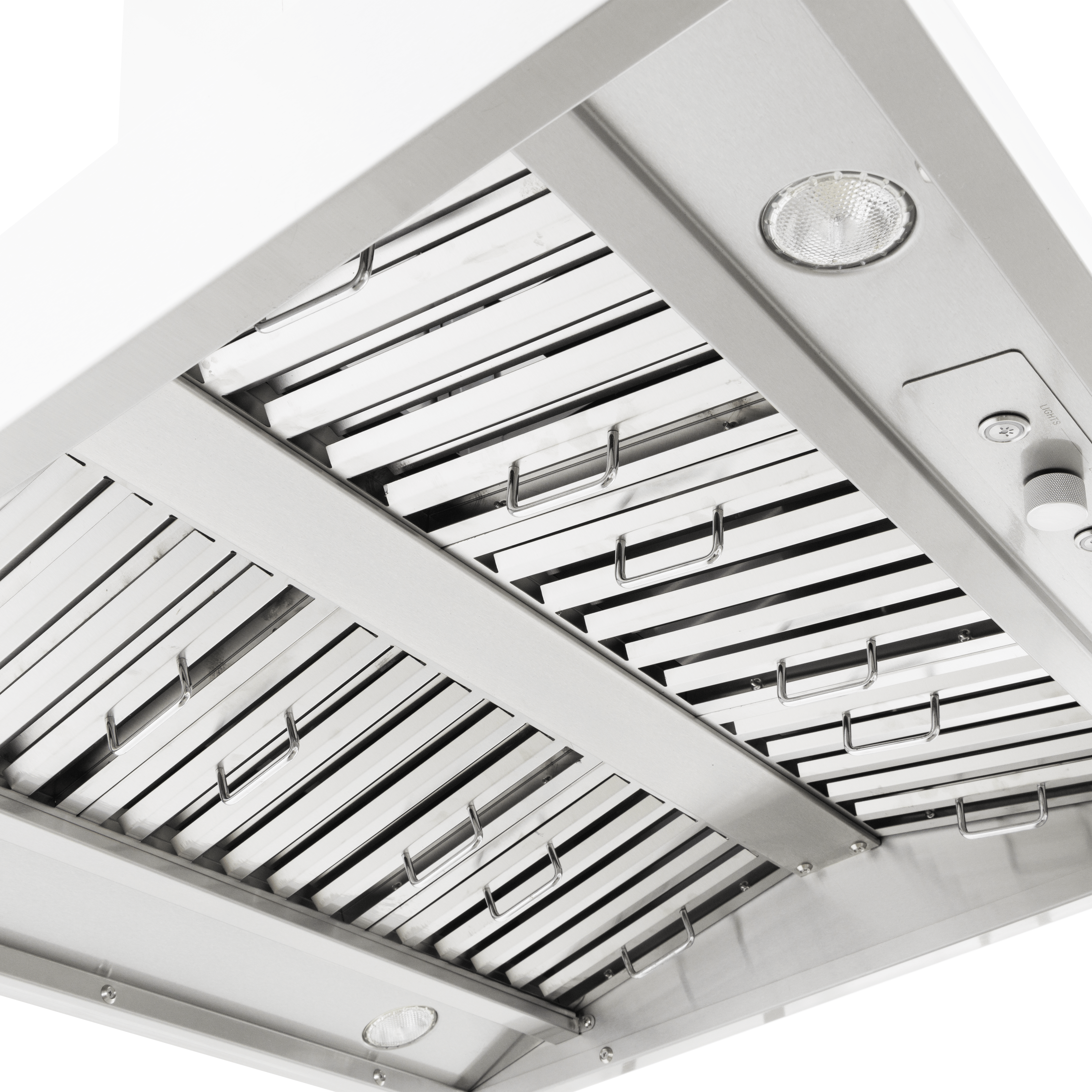 Close-up of Proline PLGI 104 HE Island Range Hood with lights, metal filters, 304 steel; ProlineRangeHoods.com.