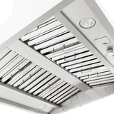 Close-up of Proline PLGI 104 HE Island Range Hood with lights, metal filters, 304 steel; ProlineRangeHoods.com.