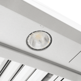 Close-up of a round recessed light on the stainless Proline PLGI 104 HE hood, 1200 CFM, ProlineRangeHoods.com.
