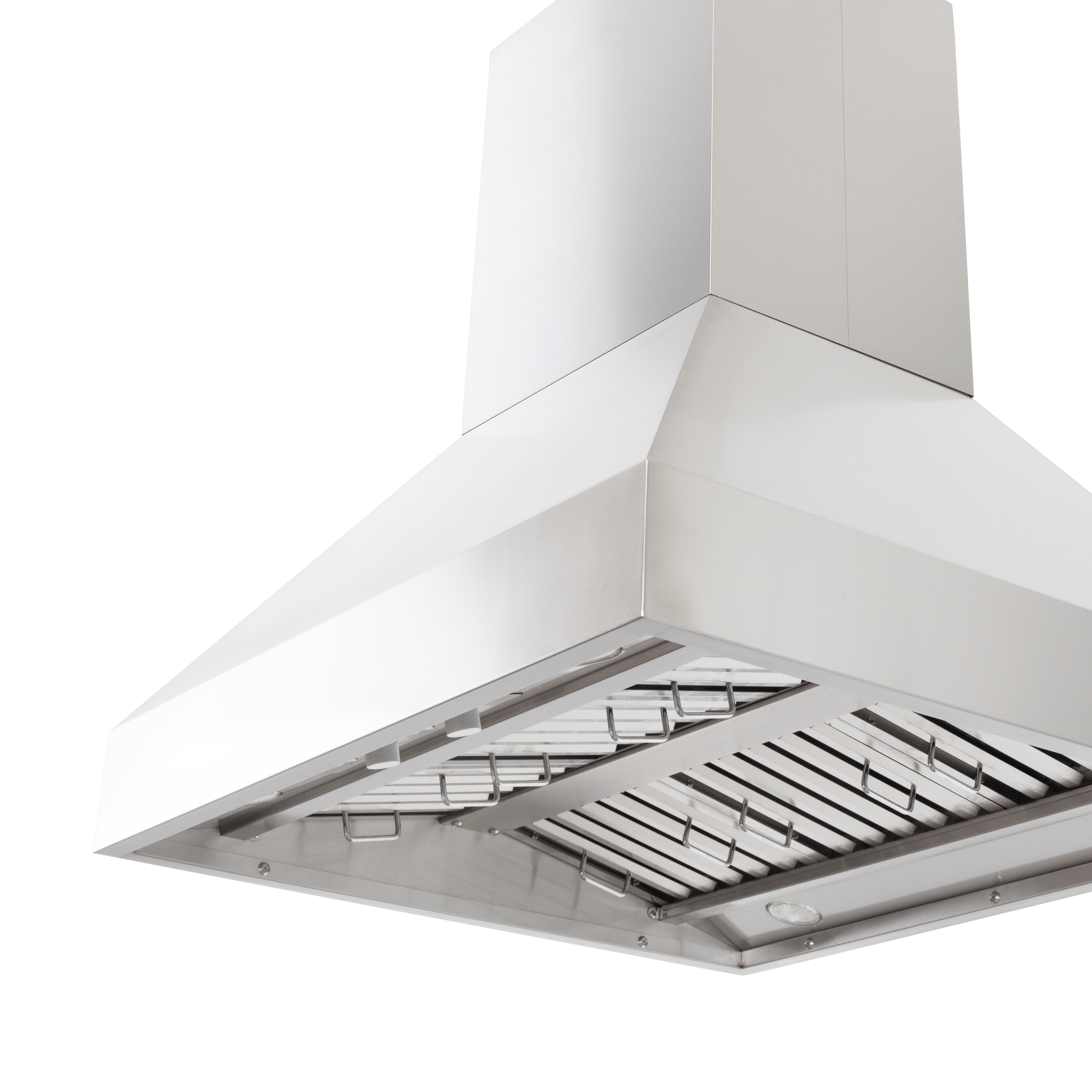 Proline PLGI 104 HE Island Hood, stainless steel, 36-60″, 1200 CFM, on white. ProlineRangeHoods.com.