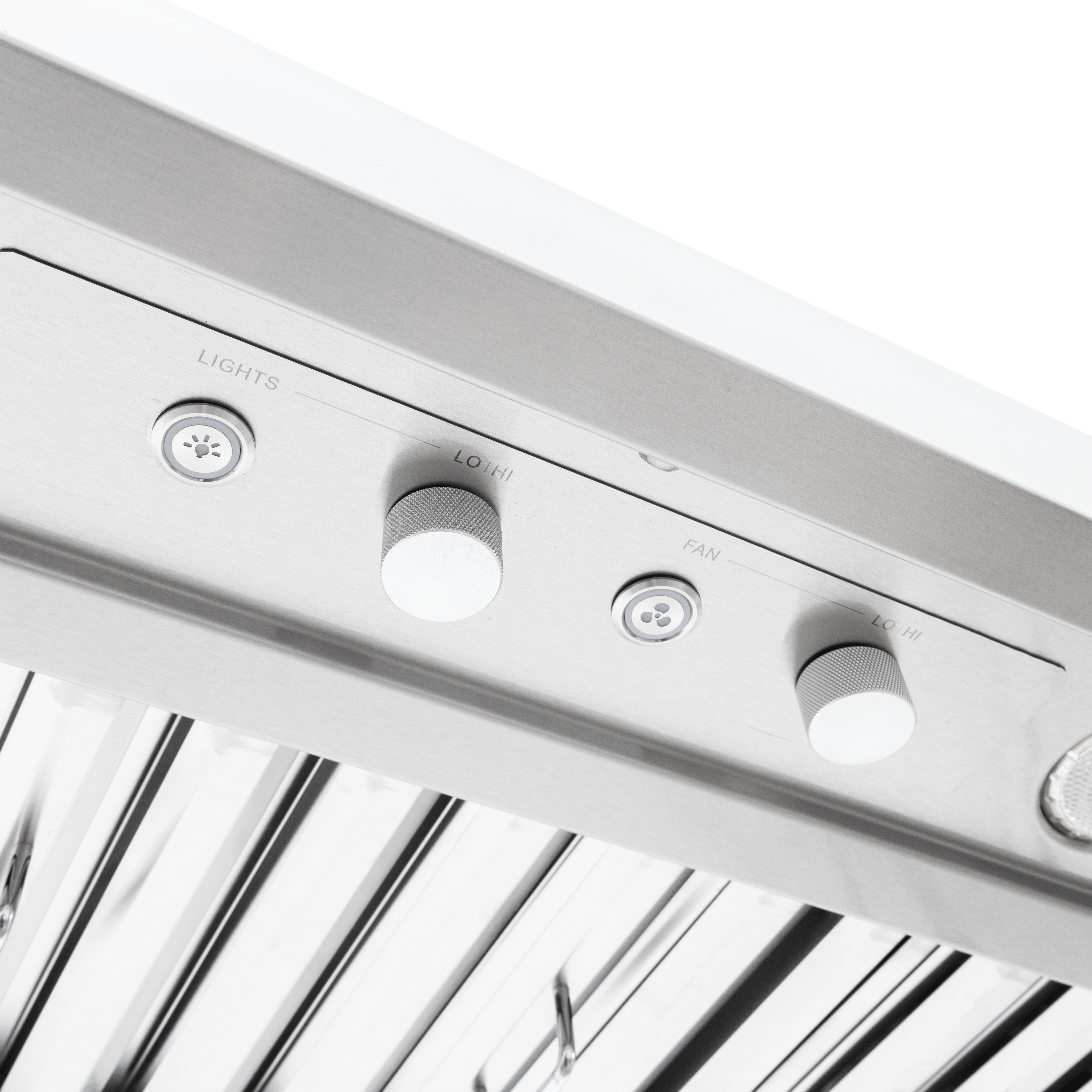 Close-up of Proline PLGI 104 HE Island Range Hood in stainless steel, 36″–60″ sizes. ProlineRangeHoods.com.