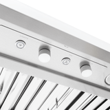 Close-up of Proline PLGI 104 HE Island Range Hood in stainless steel, 36″–60″ sizes. ProlineRangeHoods.com.