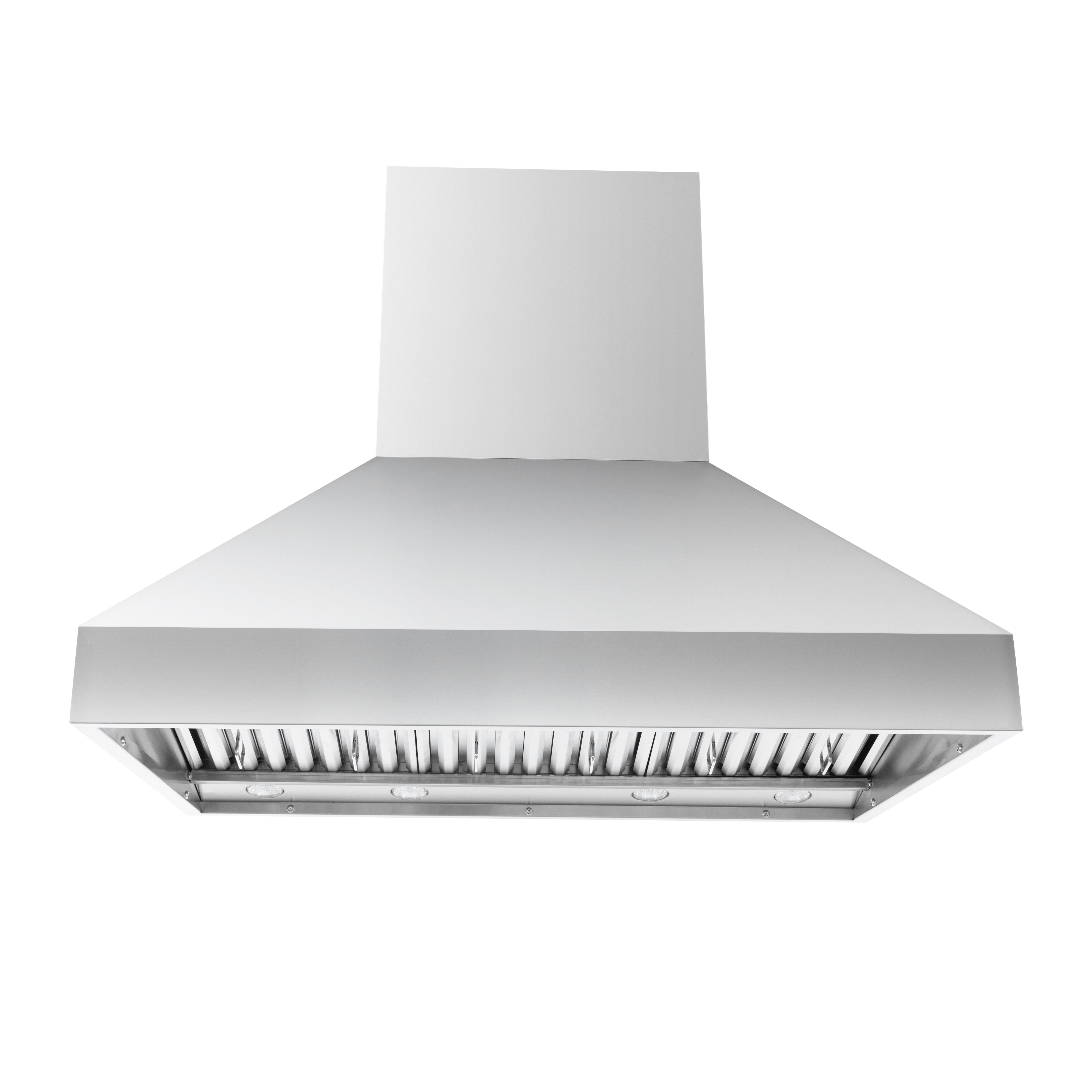 ProlineRangeHoods.com PLGI 104 HE stainless steel island hood (36″–60″), vent slats, 1200 CFM, front view.