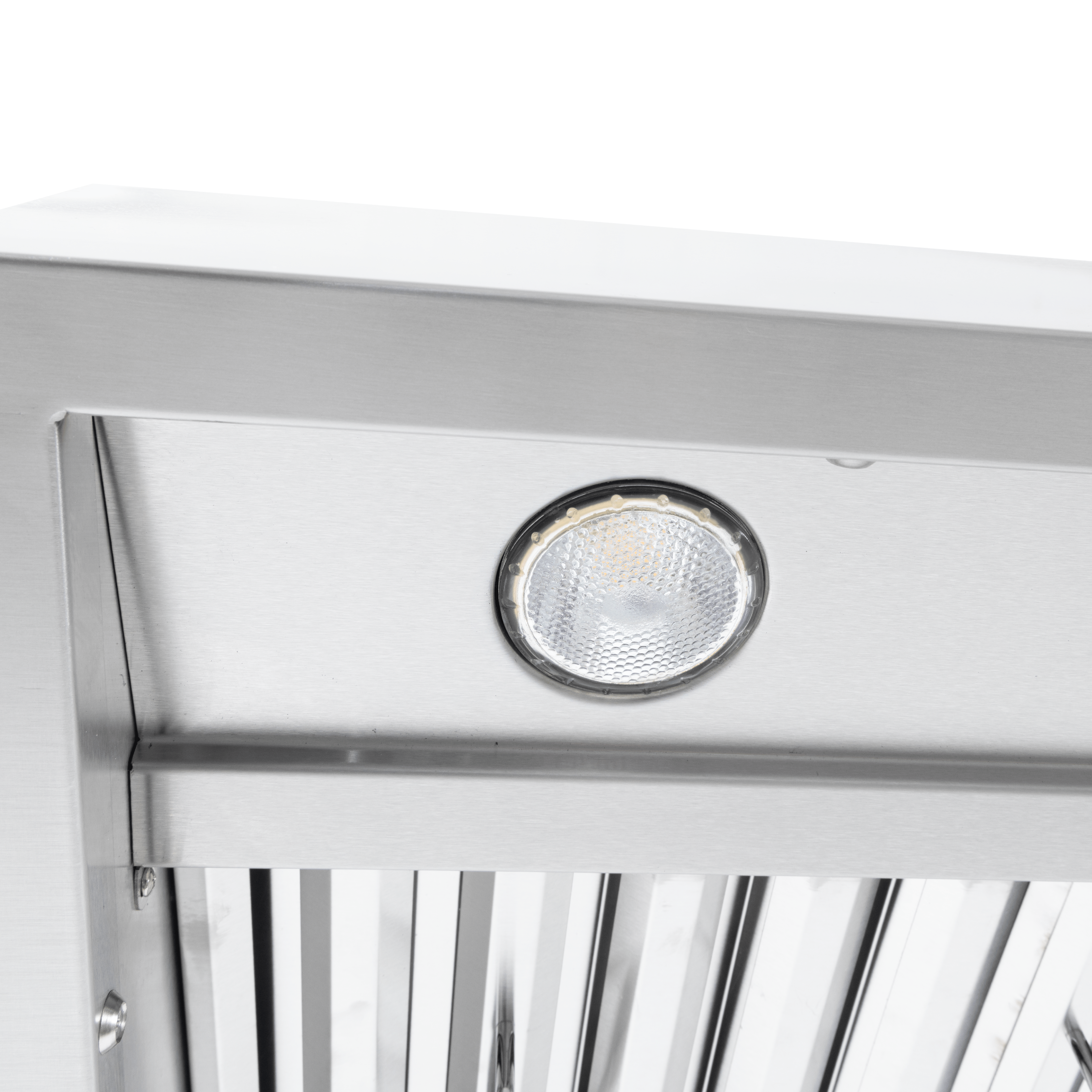Close-up of round light on Proline PLGI 104 HE Island Range Hood; see features at ProlineRangeHoods.com.