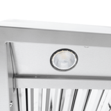 Close-up of round light on Proline PLGI 104 HE Island Range Hood; see features at ProlineRangeHoods.com.