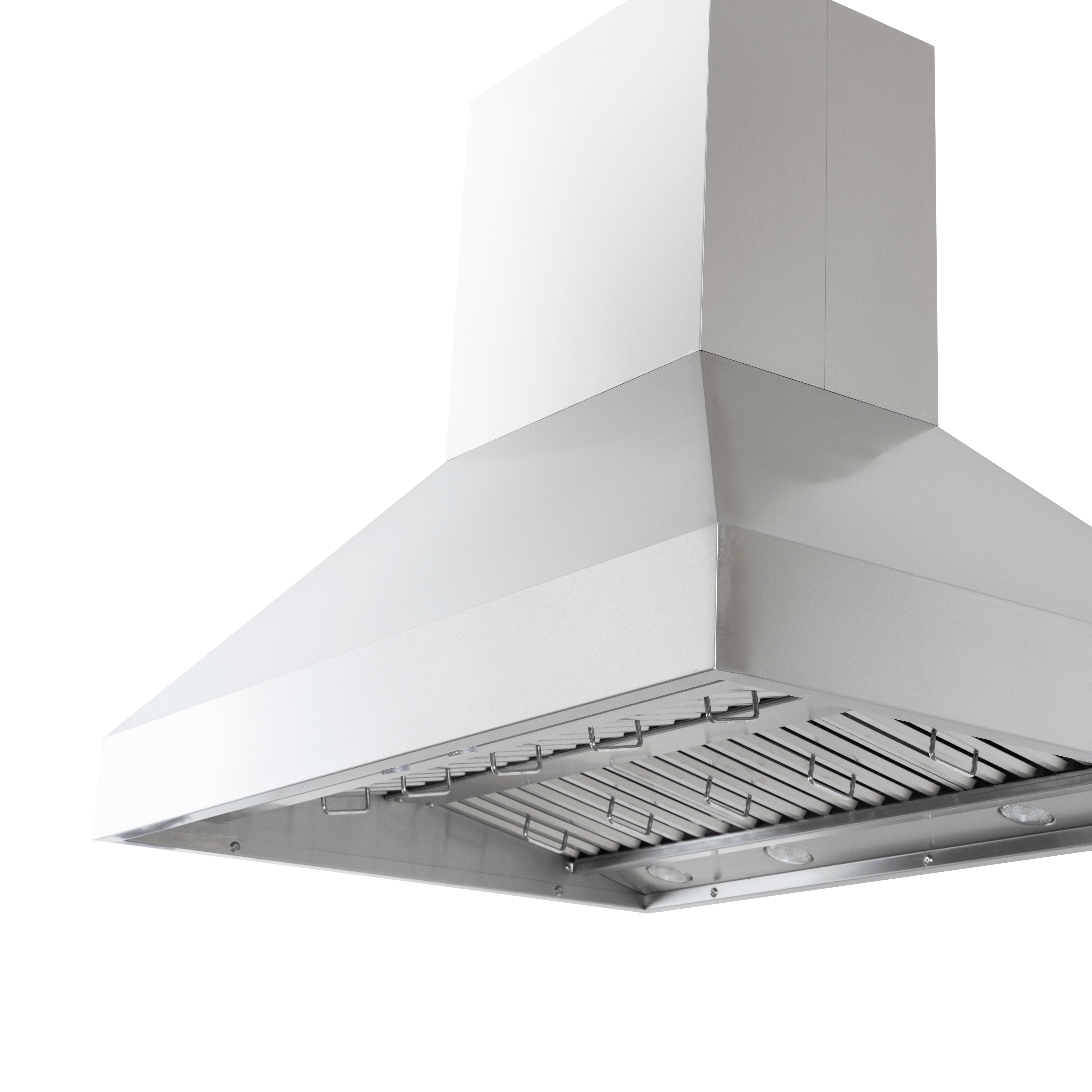 Proline PLGI 104 HE Island Hood in stainless steel from 36″-60″, shown from below. ProlineRangeHoods.com.