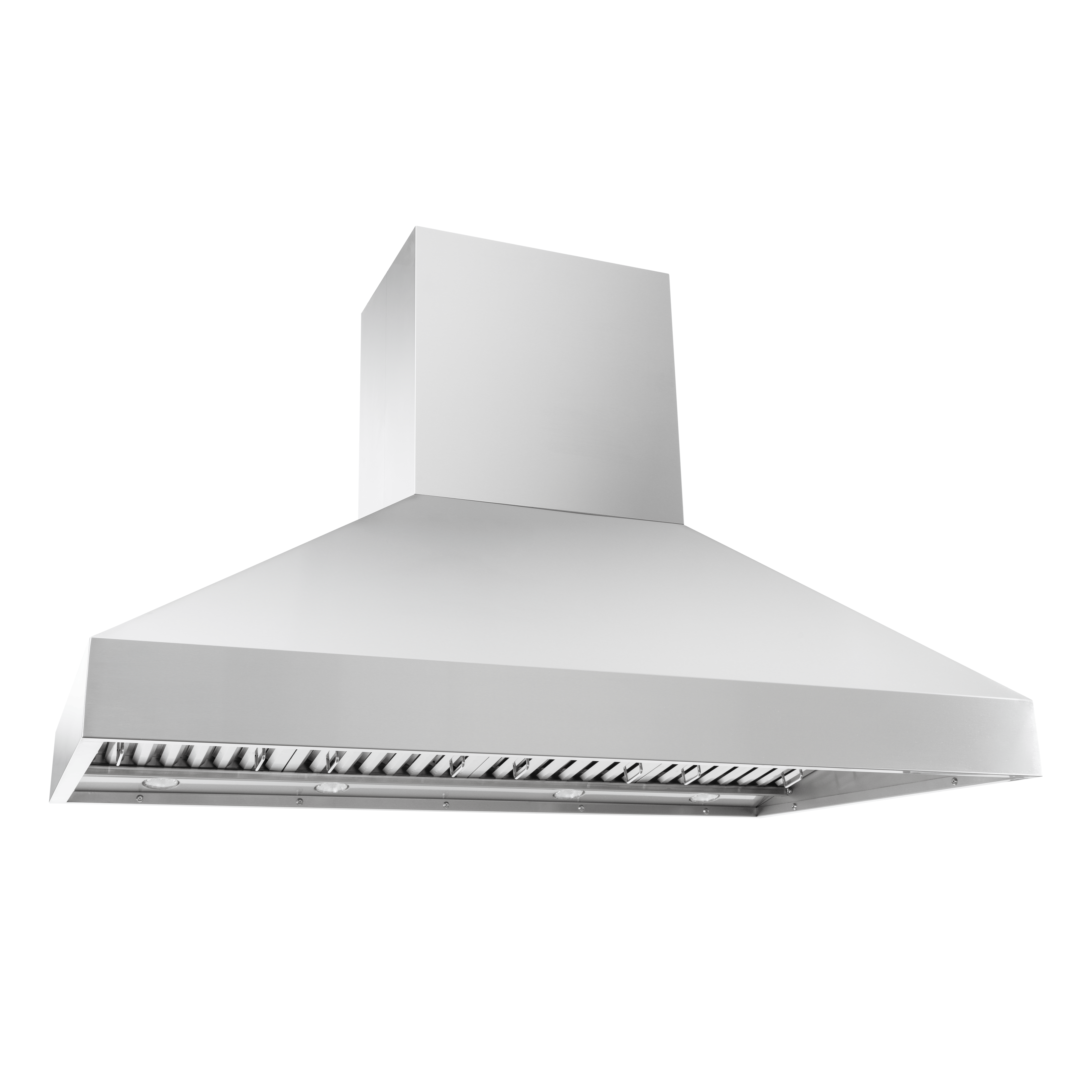 The Proline PLGI 104 HE Island Hood in stainless steel, 36–60″, shown angled; see ProlineRangeHoods.com.