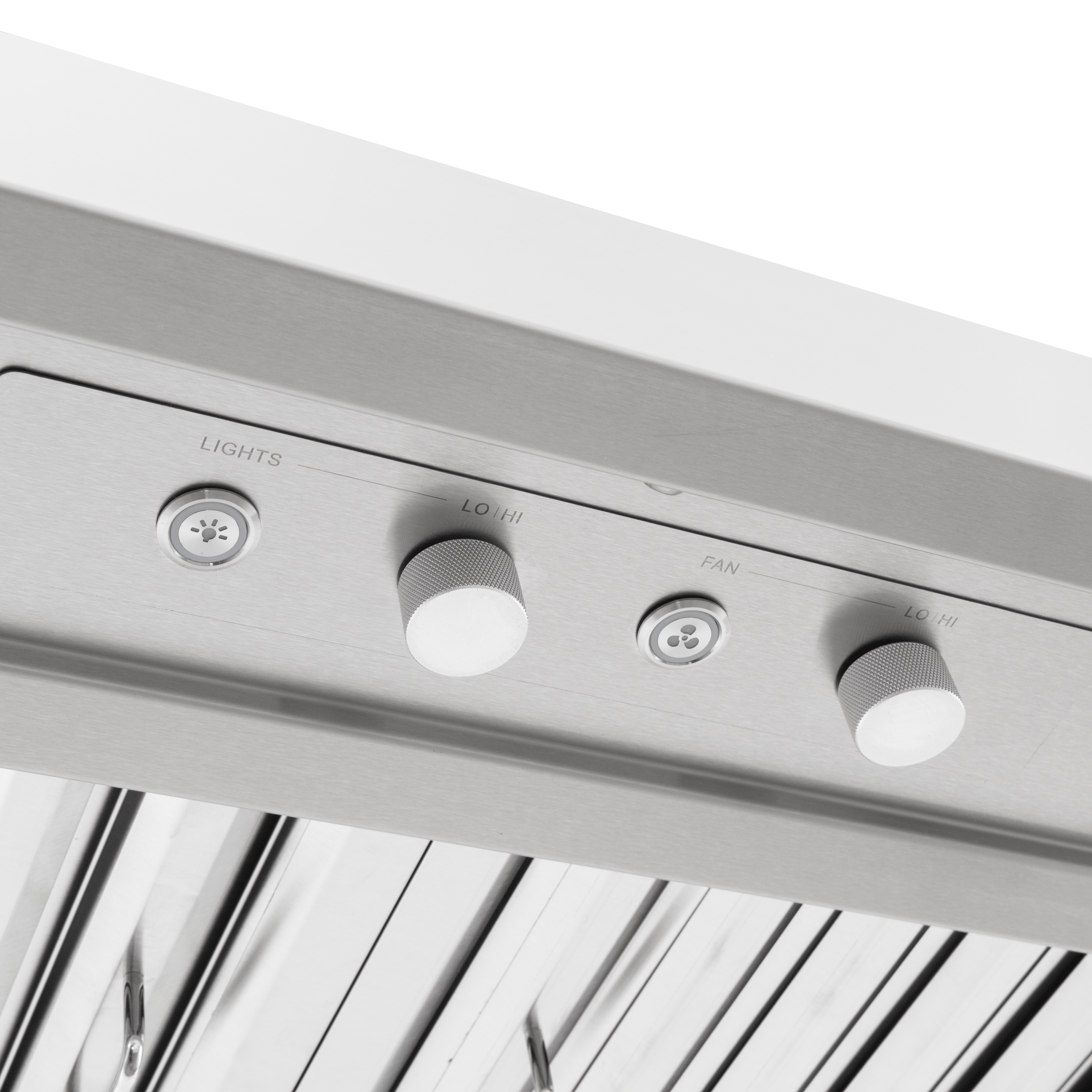 Close-up of Proline PLGI 104 HE Island Hood controls, stainless steel, LO/HI knobs, 1200 CFM. ProlineRangeHoods.com.
