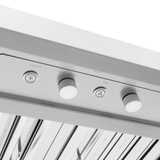 Close-up of Proline PLGI 104 HE Island Hood controls, stainless steel, LO/HI knobs, 1200 CFM. ProlineRangeHoods.com.