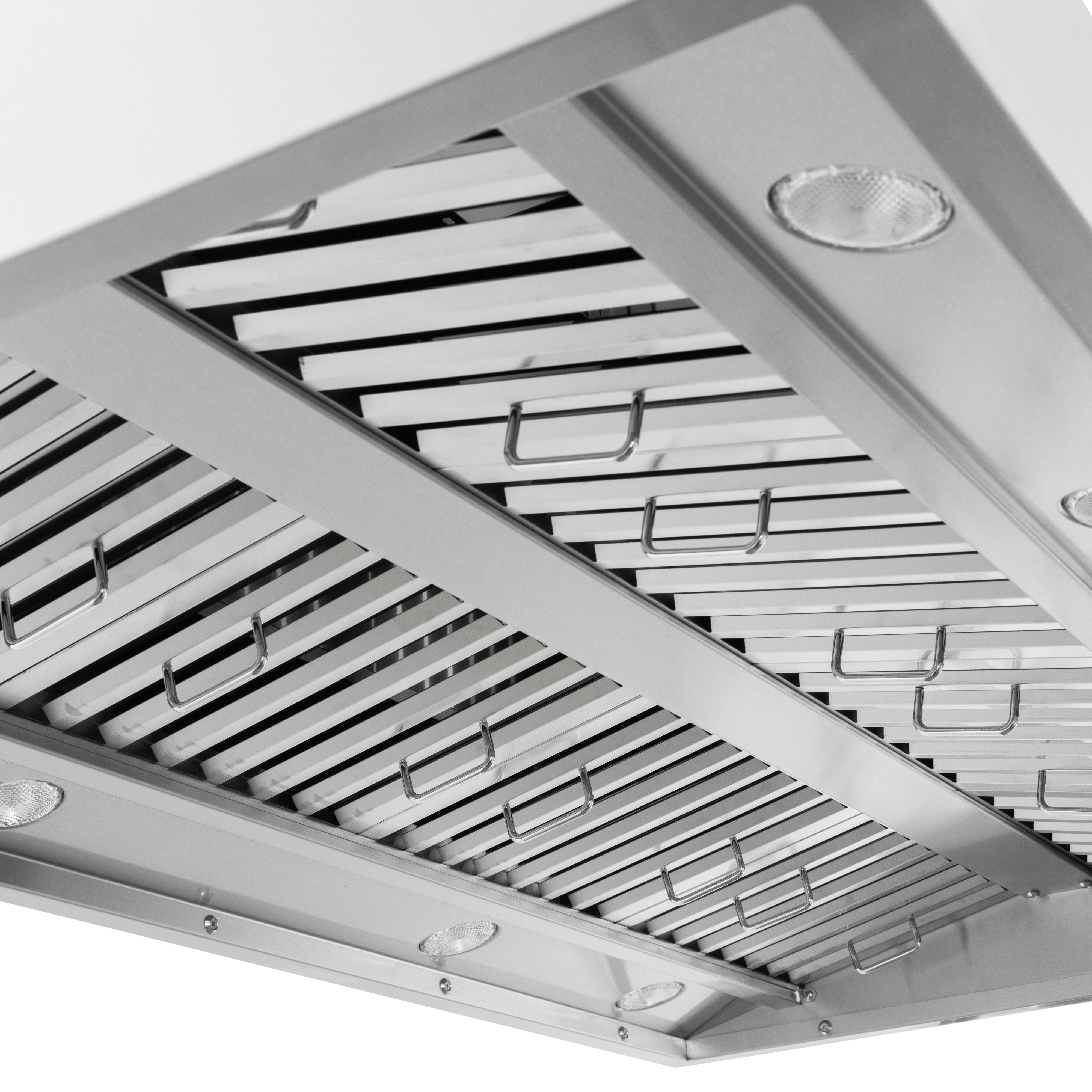 Proline PLGI 104 HE Island Range Hood by Proline, 304 stainless, shown angled with LEDs, at ProlineRangeHoods.com.