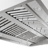 Proline PLGI 104 HE Island Range Hood by Proline, 304 stainless, shown angled with LEDs, at ProlineRangeHoods.com.