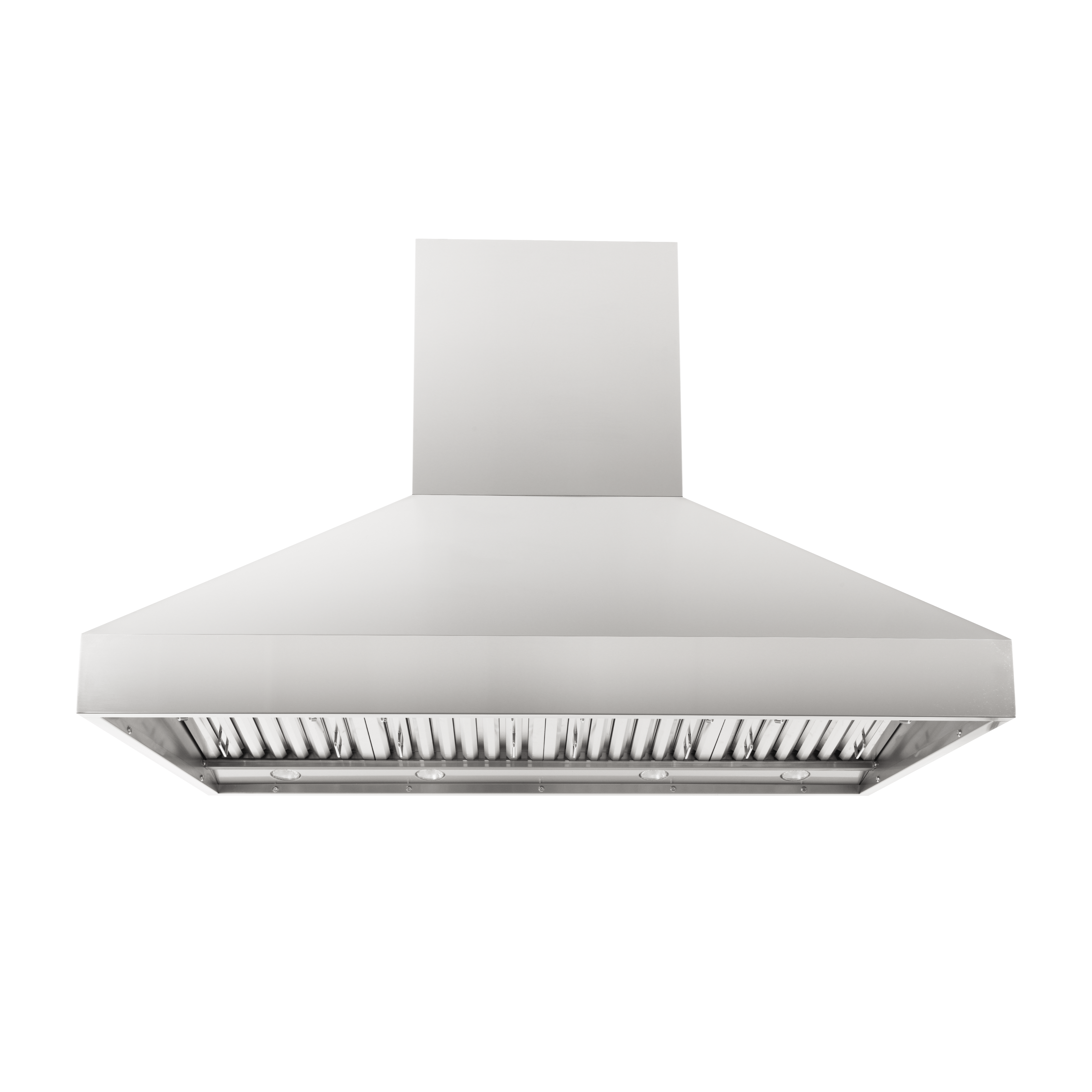Proline PLGI 104 HE Island Range Hood in stainless steel, vent slats visible; ProlineRangeHoods.com.