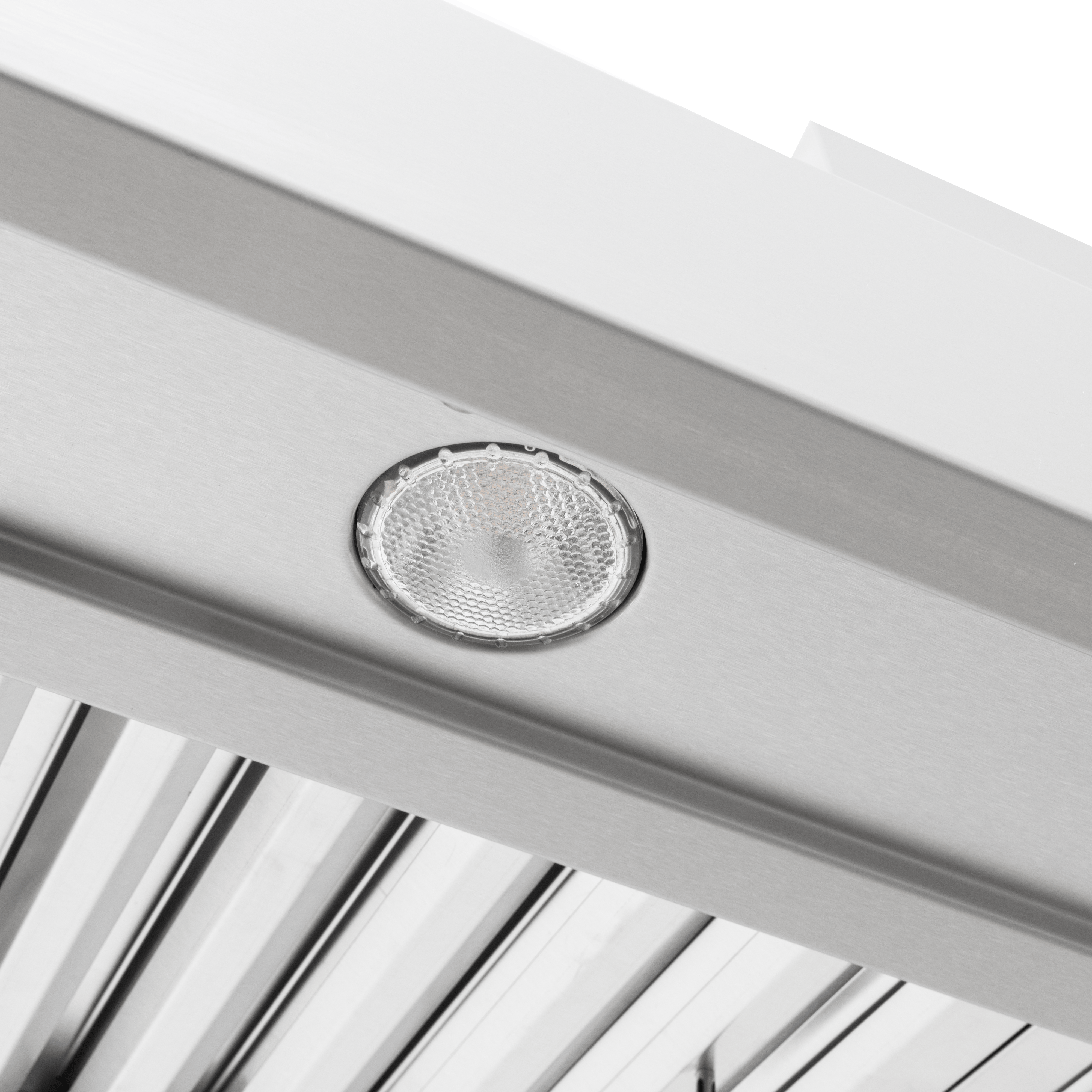 Close-up of a round light on the Proline PLGI 104 HE Island Range Hood, stainless steel. ProlineRangeHoods.com.