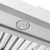 Close-up of a round light on the Proline PLGI 104 HE Island Range Hood, stainless steel. ProlineRangeHoods.com.