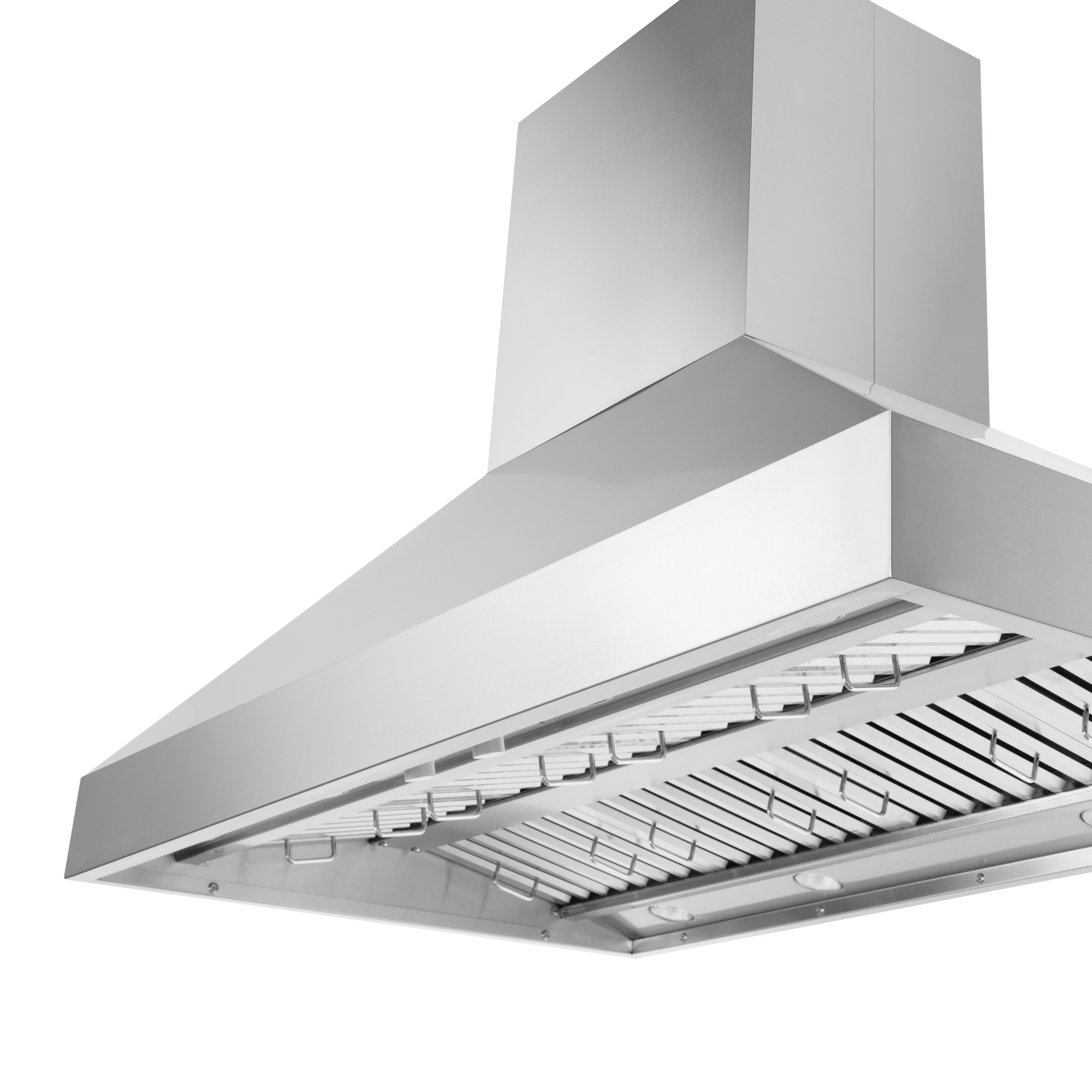 ProlineRangeHoods.com PLGI 104 HE Island Hood in stainless steel, sizes 36–60″, shown from below on white.