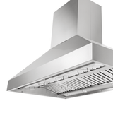 ProlineRangeHoods.com PLGI 104 HE Island Hood in stainless steel, sizes 36–60″, shown from below on white.