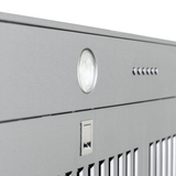 Close-up of Proline PLGL 185 Slim Range Hood in gray stainless steel, round light, buttons, lock. ProlineRangeHoods.com.