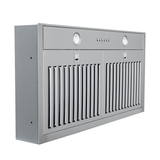 ProlineRangeHoods.com PLGL 185 Slim Range Hood, 600 CFM, 28" or 34", dishwasher-safe filters, buttons, lights, angled view.