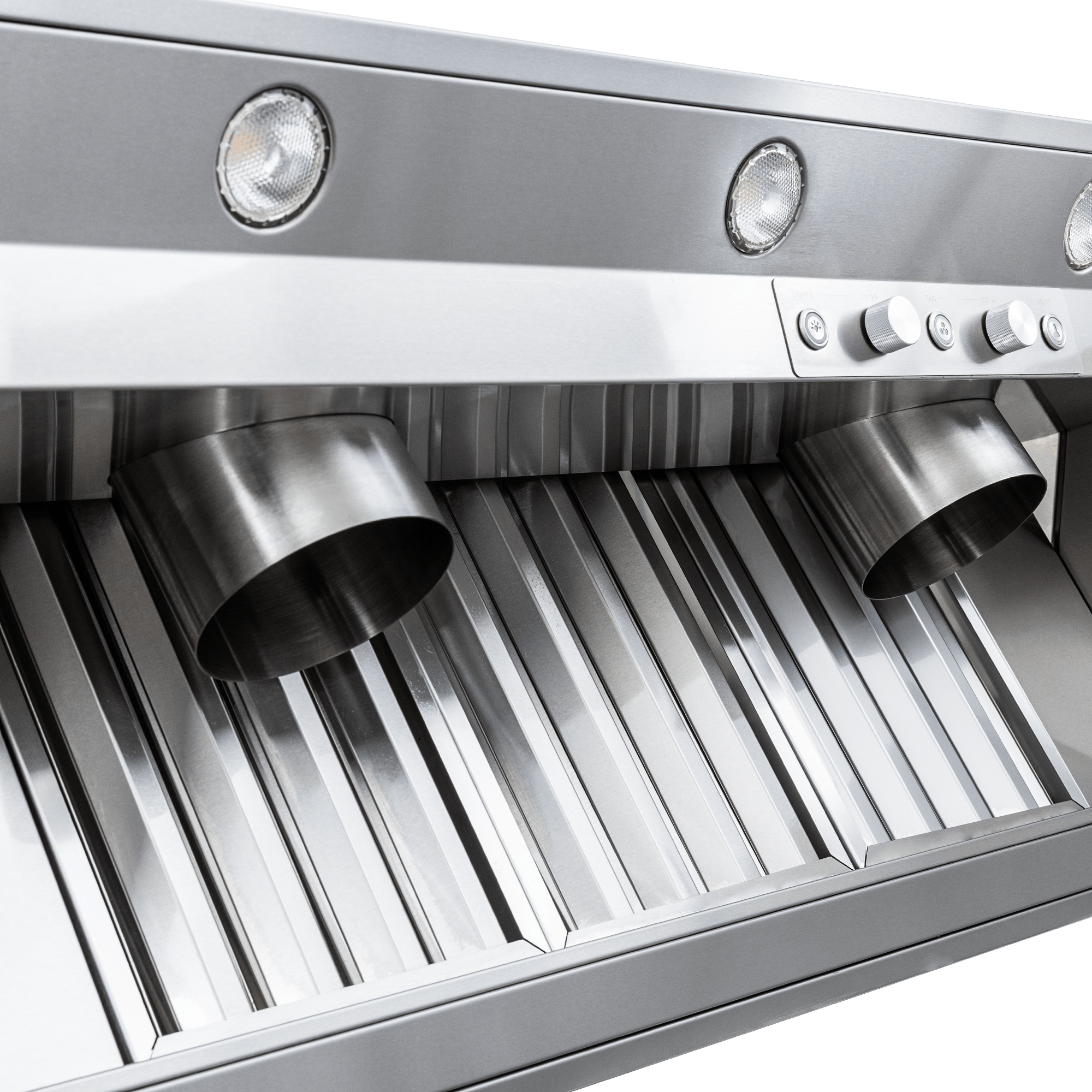 Close-up of the PLGL PROV Outdoor Range Hood Insert, 28"-58", stainless steel. ProlineRangeHoods.com.
