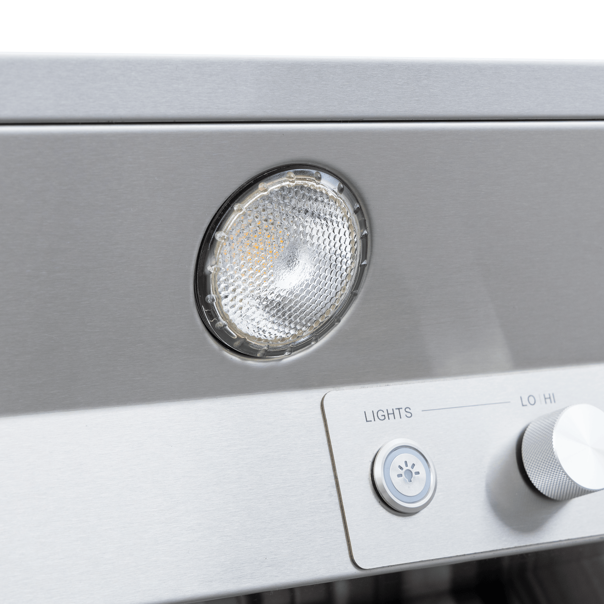 Close-up: Proline PLGL PROV Range Hood "Lights" knob, "Lo/Hi"; 28"-58", stainless. ProlineRangeHoods.com.