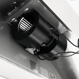 Close-up of a black dual blower fan (1200 CFM) in outdoor 304 stainless steel, labels, wires—ProlineRangeHoods.com.
