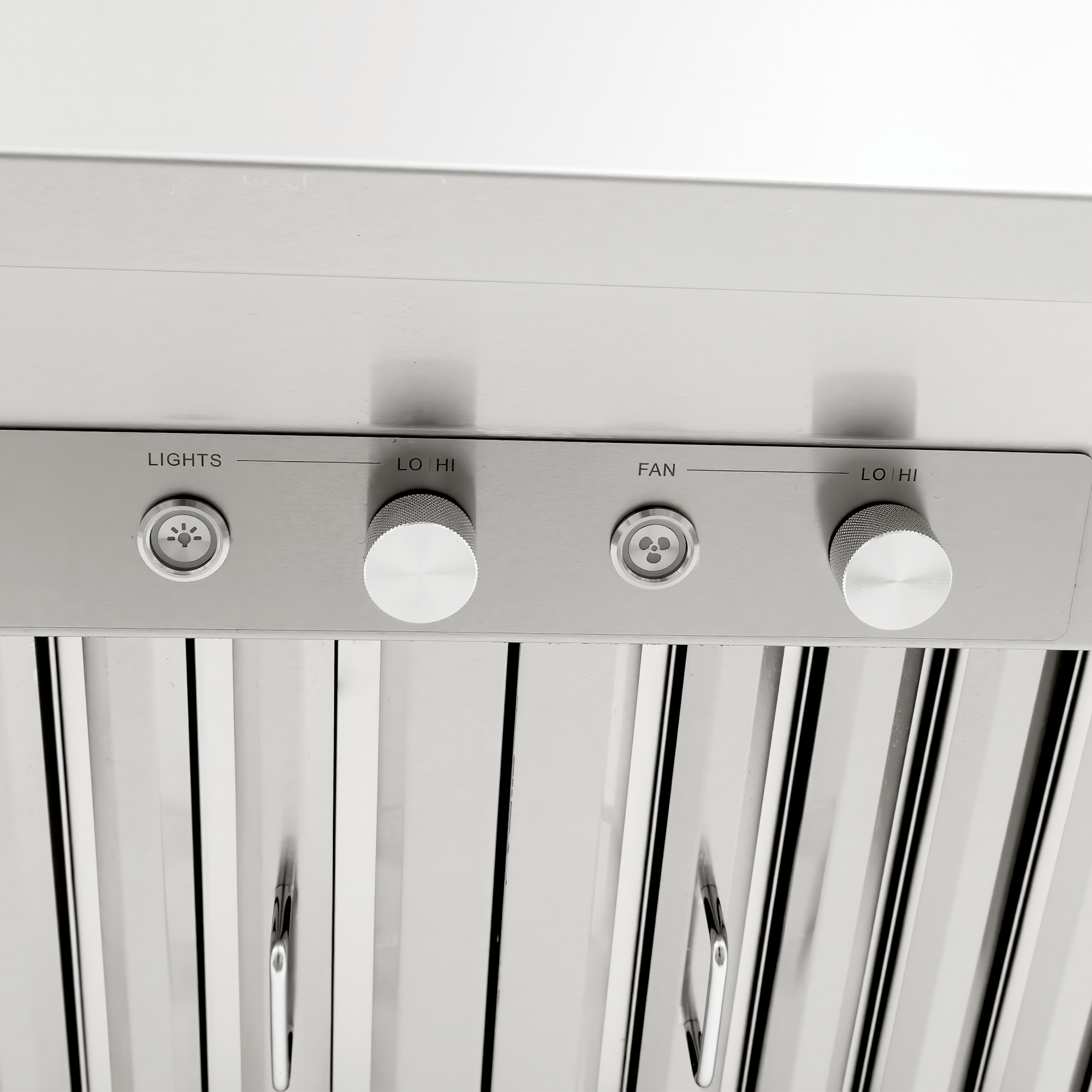 Close-up of Proline PLGW 104 HE range hood controls, dual blower, stainless finish. ProlineRangeHoods.com.