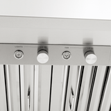 Close-up of Proline PLGW 104 HE range hood controls, dual blower, stainless finish. ProlineRangeHoods.com.