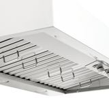 Seen from below, this ProlineRangeHoods.com PLGW 104 HE hood has metal grates, lights, and a strong dual blower.