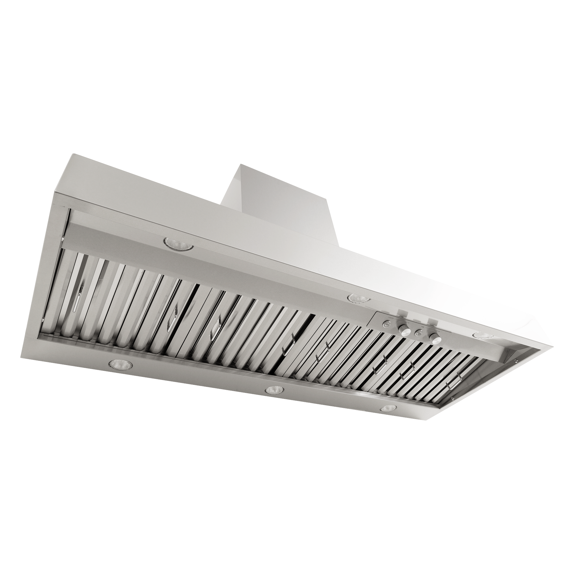 ProlineRangeHoods.com PLGW 104 HE wall-mounted range hood, stainless steel, vent slats, knobs, dual blower shown below.