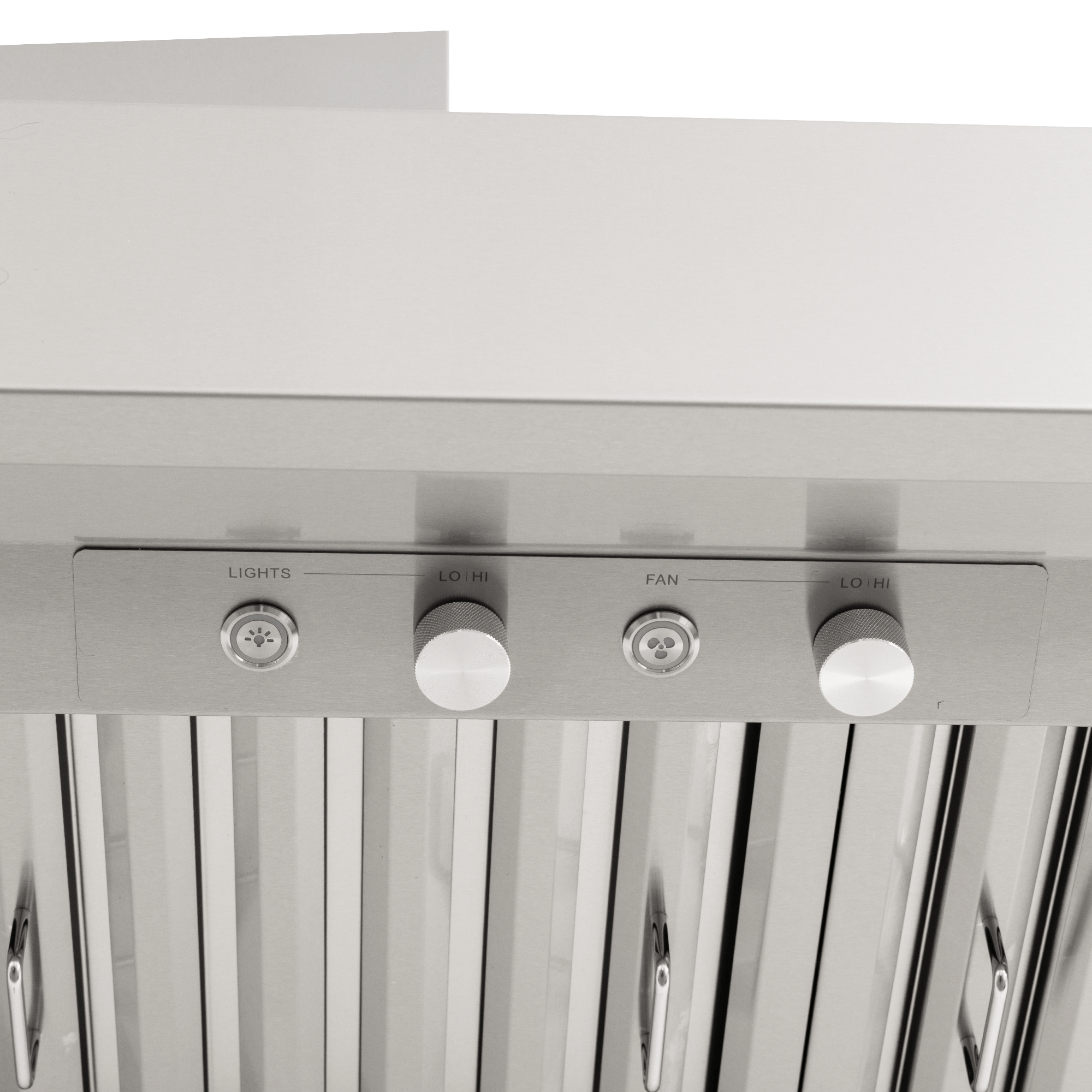 Close-up of Proline PLGW 104 HE range hood with stainless finish, control knobs, dual blower. ProlineRangeHoods.com.