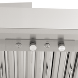 Close-up of Proline PLGW 104 HE range hood with stainless finish, control knobs, dual blower. ProlineRangeHoods.com.