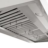 Close-up of Proline PLGW 104 HE wall hood, stainless finish, filters, lights, dual blower; ProlineRangeHoods.com.