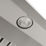 Close-up of a round light fixture in outdoor stainless steel on Proline PLGW 104 HE, ProlineRangeHoods.com.