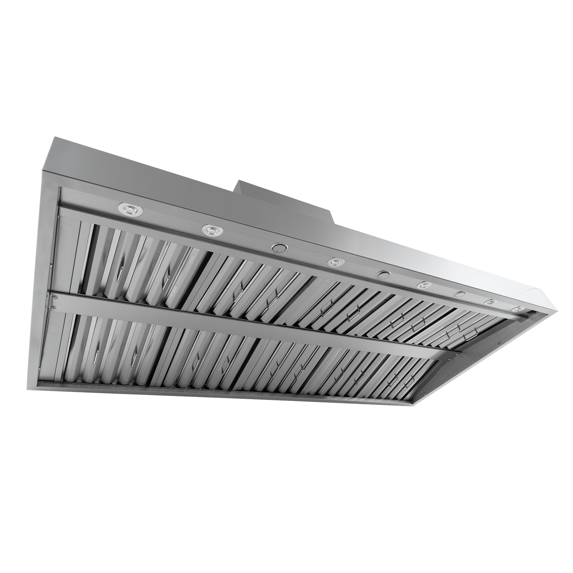 ProlineRangeHoods.com PLGW WC BBQ Pro wall-mounted range hood, 2000 CFM, 304 steel, vent slats & lights—shown from below.