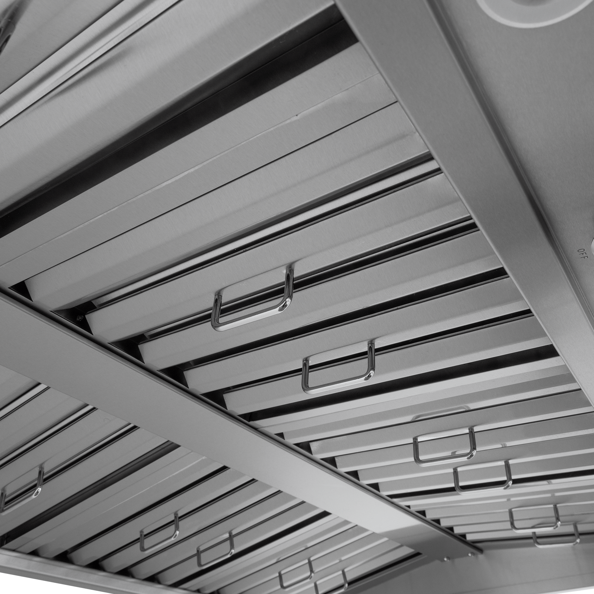 Close-up of metal handles and panels on PLGW WC BBQ Pro range hood, 2000 CFM, stainless steel. ProlineRangeHoods.com.