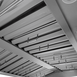 Close-up of metal handles and panels on PLGW WC BBQ Pro range hood, 2000 CFM, stainless steel. ProlineRangeHoods.com.