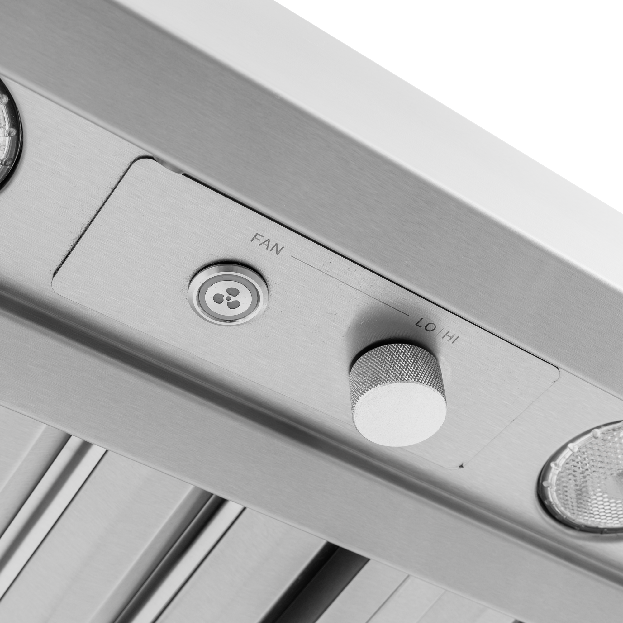 Stainless steel control panel with a 3-speed dial and fan button on a ProlineRangeHoods.com PLGW BBQ ULTRA UC HE.