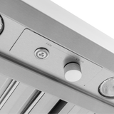 Stainless steel control panel with a 3-speed dial and fan button on a ProlineRangeHoods.com PLGW BBQ ULTRA UC HE.
