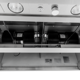 Underside of a PLGW BBQ ULTRA UC HE range hood with dual blowers, lights, and knobs. ProlineRangeHoods.com.