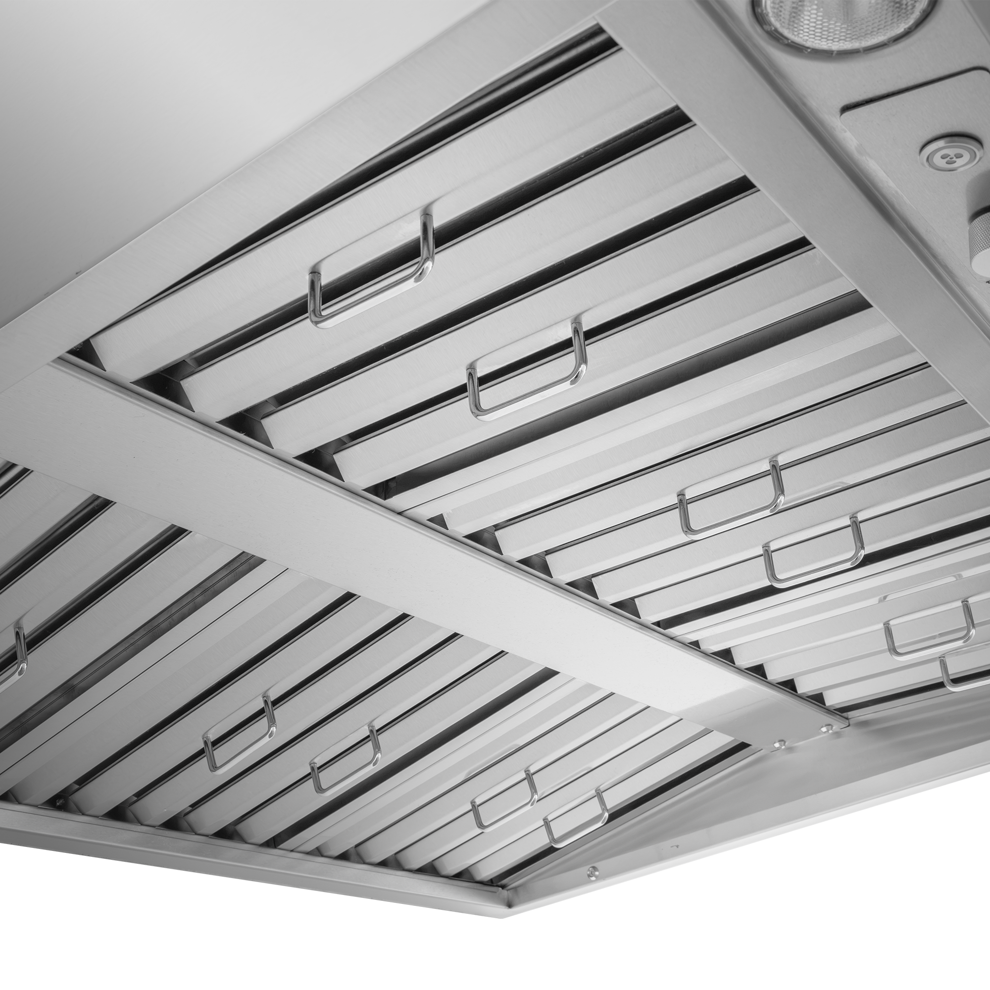 Underside of a PLGW BBQ ULTRA UC HE hood from ProlineRangeHoods.com with baffle filters, dual blowers, and LED light.