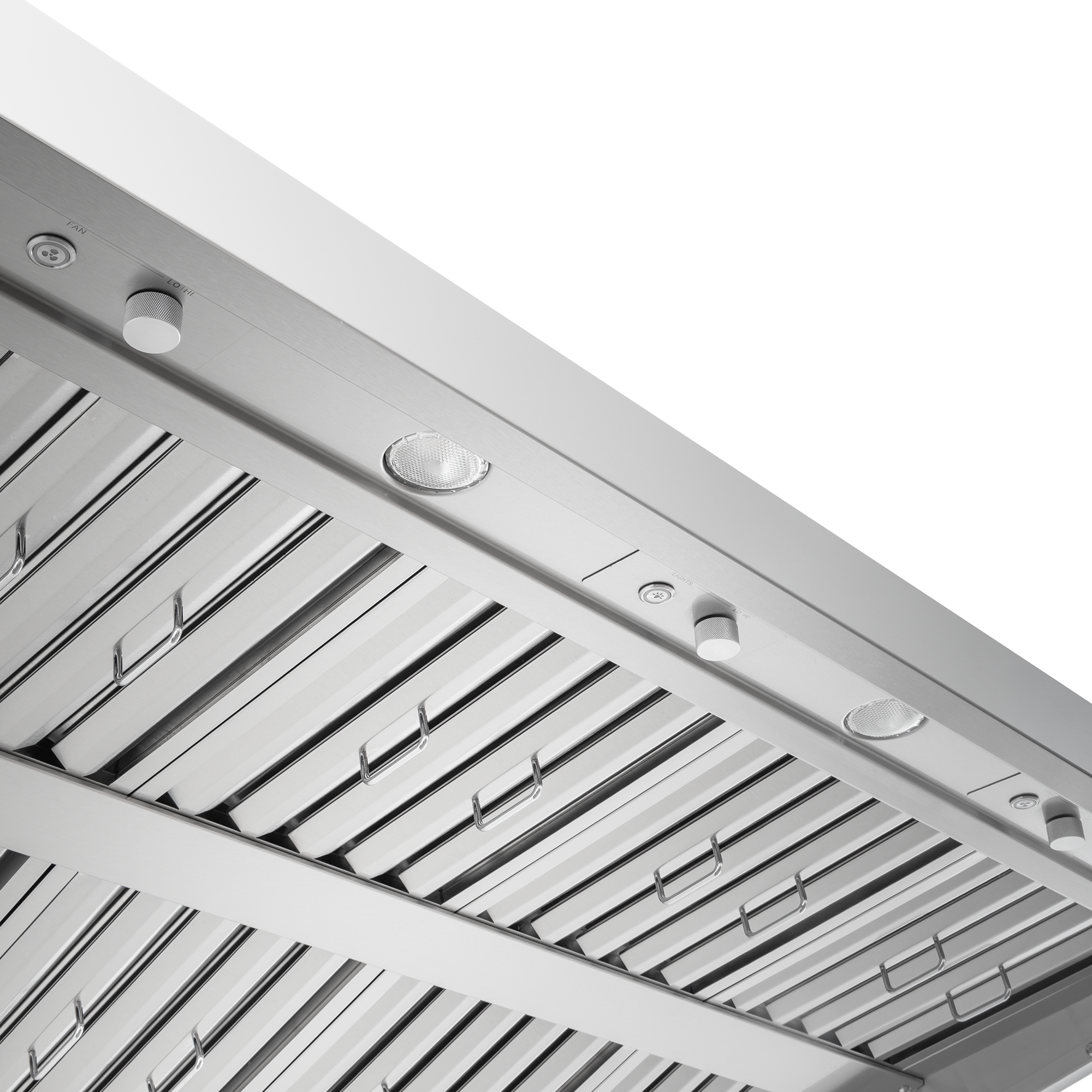 Underside of a ProlineRangeHoods.com PLGW BBQ ULTRA UC HE range hood with blowers, filters, knobs, and LED lights.