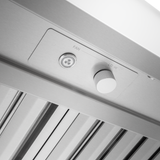Stainless steel Proline Range Hoods PLGW BBQ ULTRA UC HE control panel with fan button and speed dial. ProlineRangeHoods.com.