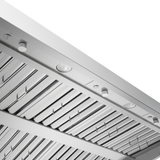 Underside of a ProlineRangeHoods.com PLGW BBQ ULTRA UC HE range hood with blowers, filters, knobs, and LED lights.